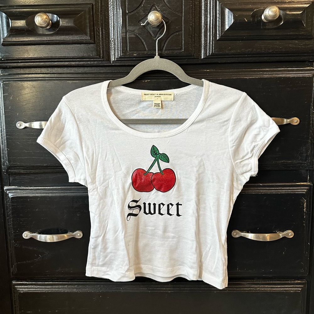 White Crop Top with Cherry Design